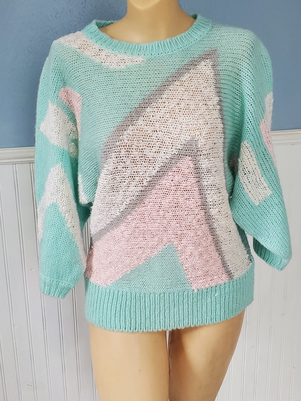 Vintage 80s Pastel Geometric Knit Sweater Medium Mint Pink Grey Barbiecore